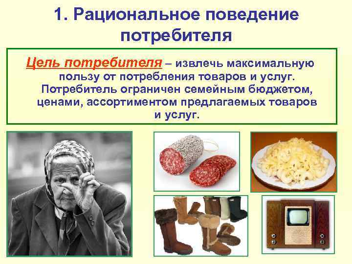 1. Рациональное поведение потребителя Цель потребителя – извлечь максимальную пользу от потребления товаров и