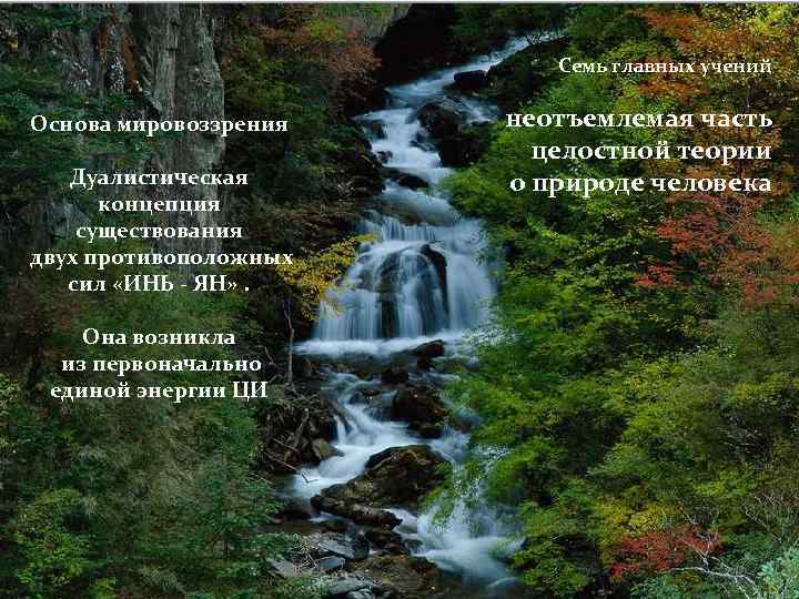 Семь главных учений Основа мировоззрения Дуалистическая концепция существования двух противоположных сил «ИНЬ - ЯН»