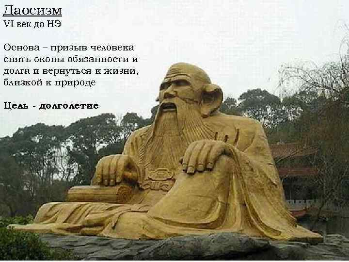 Даосизм VI век до НЭ Основа – призыв человека снять оковы обязанности и долга