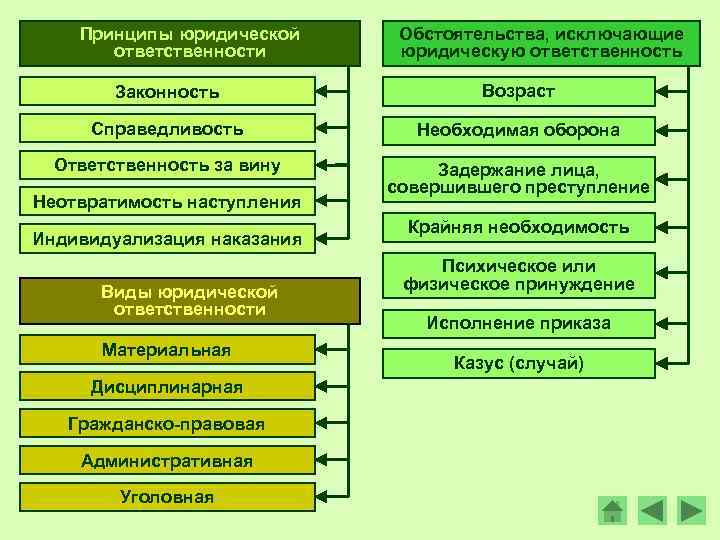 Принципы юридической ответственности Обстоятельства, исключающие юридическую ответственность Законность Возраст Справедливость Необходимая оборона Ответственность за