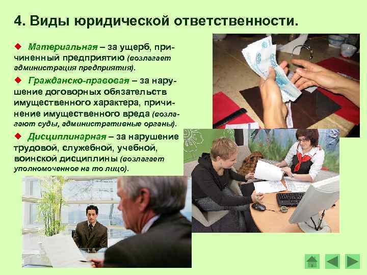 4. Виды юридической ответственности. ¿ Материальная – за ущерб, причиненный предприятию (возлагает администрация предприятия).