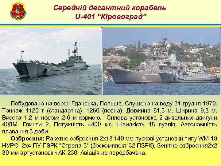 Середній десантний корабель U-401 “Кіровоград” 4 Побудовано на верфі Гданська, Польща. Спущено на воду