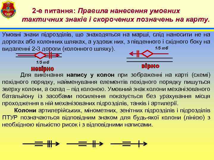 2 -е питання: Правила нанесення умовних тактичних знаків і скорочених позначень на карту. Умовні