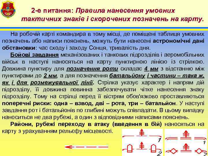 2 -е питання: Правила нанесення умовних тактичних знаків і скорочених позначень на карту. На