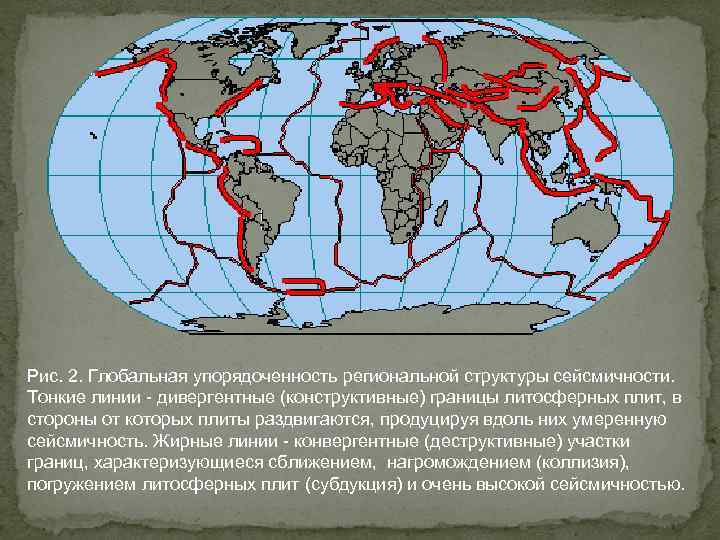 Рис. 2. Глобальная упорядоченность региональной структуры сейсмичности. Тонкие линии - дивергентные (конструктивные) границы литосферных