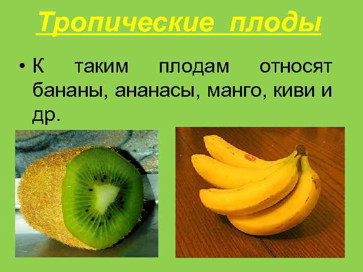 Тропические плоды • К таким плодам относят бананы, ананасы, манго, киви и др. 