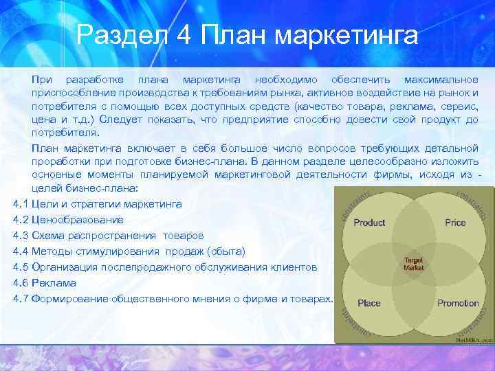 Раздел 4 План маркетинга При разработке плана маркетинга необходимо обеспечить максимальное приспособление производства к