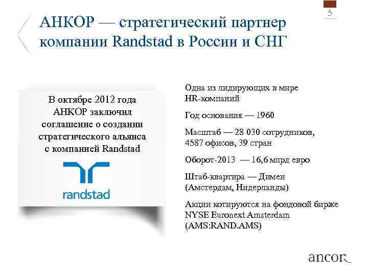 АНКОР — стратегический партнер компании Randstad в России и СНГ В октябре 2012 года