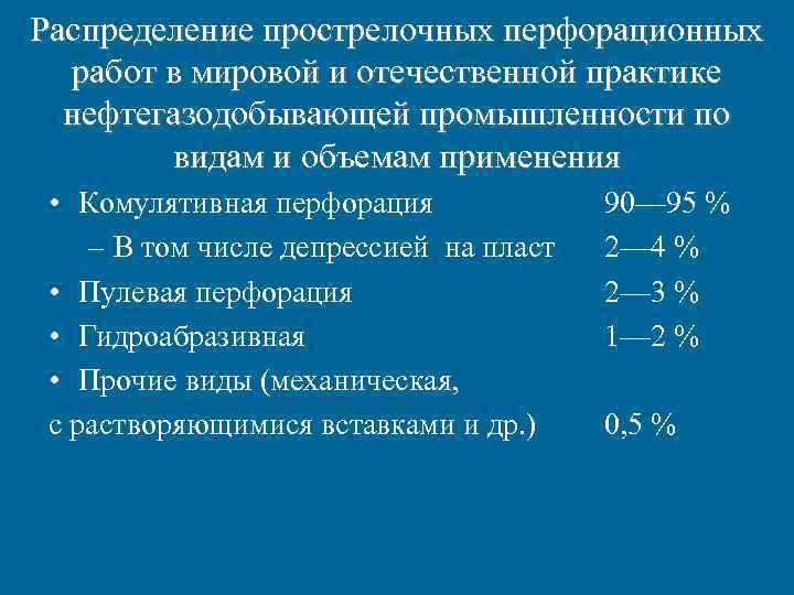 Распределение прострелочных перфорационных работ в мировой и отечественной практике нефтегазодобывающей промышленности по видам и