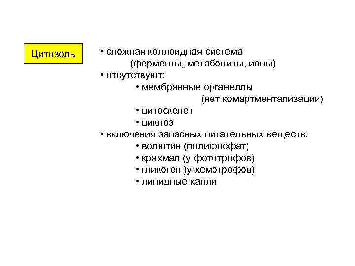 Цитозоль • сложная коллоидная система (ферменты, метаболиты, ионы) • отсутствуют: • мембранные органеллы (нет