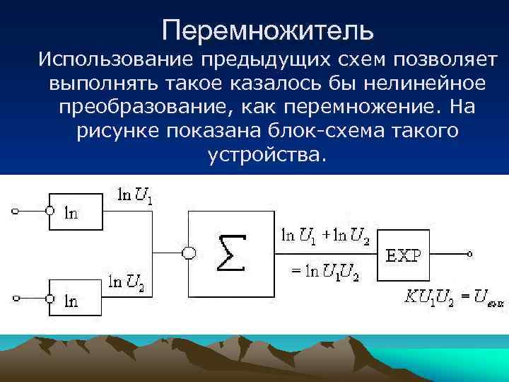 Перемножитель Использование предыдущих схем позволяет выполнять такое казалось бы нелинейное преобразование, как перемножение. На