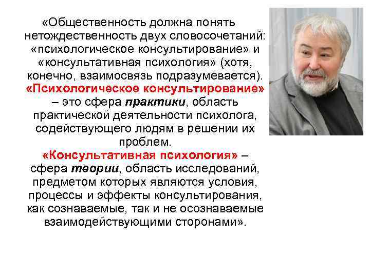  «Общественность должна понять нетождественность двух словосочетаний: «психологическое консультирование» и «консультативная психология» (хотя, конечно,