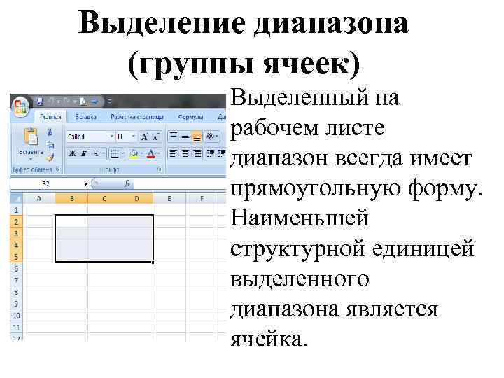 Выделение диапазона (группы ячеек) Выделенный на рабочем листе диапазон всегда имеет прямоугольную форму. Наименьшей