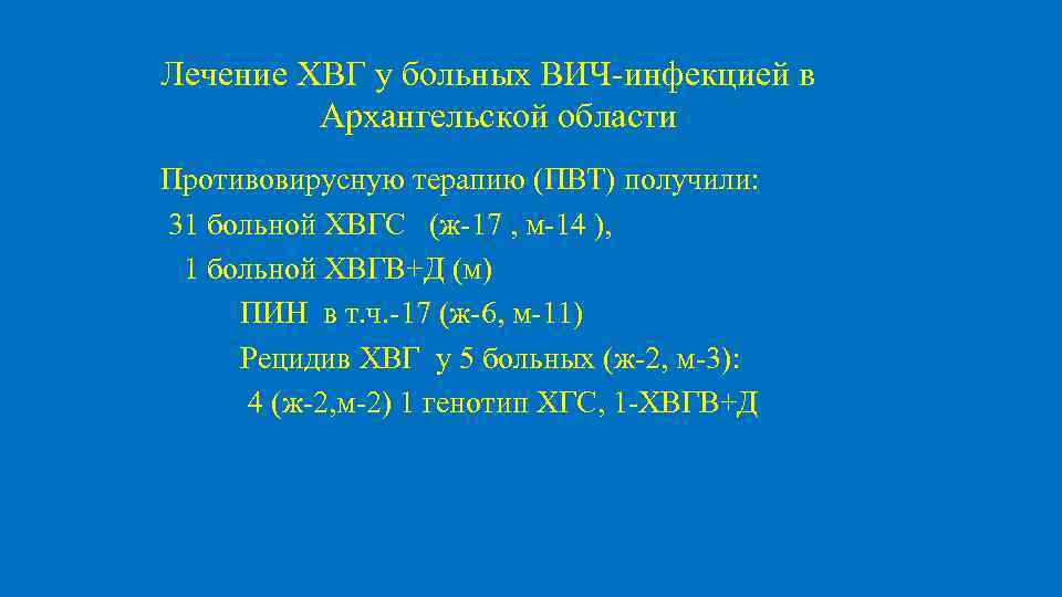 Лечение ХВГ у больных ВИЧ-инфекцией в Архангельской области Противовирусную терапию (ПВТ) получили: 31 больной