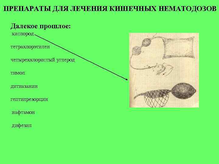 ПРЕПАРАТЫ ДЛЯ ЛЕЧЕНИЯ КИШЕЧНЫХ НЕМАТОДОЗОВ Далекое прошлое: кислород тетрахлорэтилен четыреххлористый углерод тимол дитиазанин гептилрезорцин