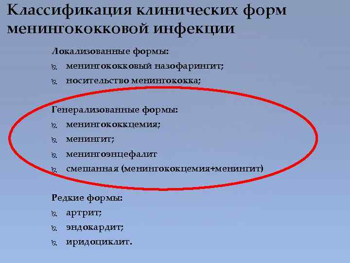 Классификация клинических форм менингококковой инфекции Локализованные формы: менингококковый назофарингит; носительство менингококка; Генерализованные формы: менингококкцемия;