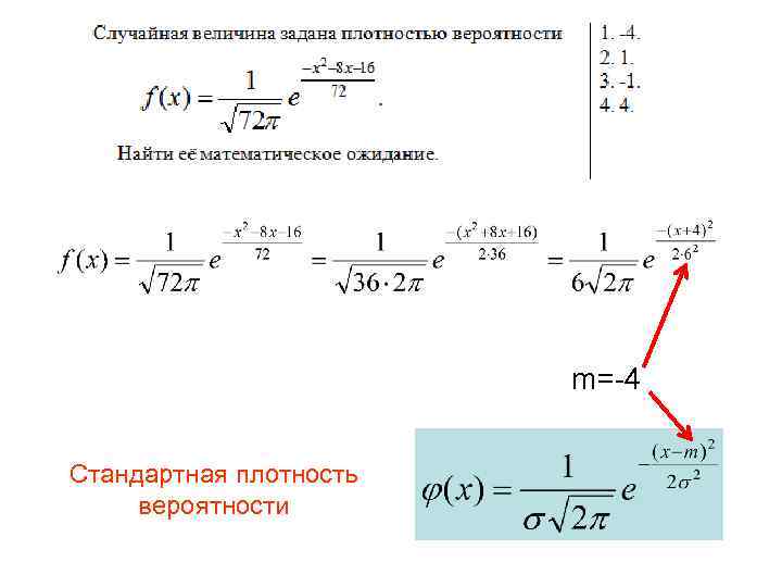 m=-4 Стандартная плотность вероятности 