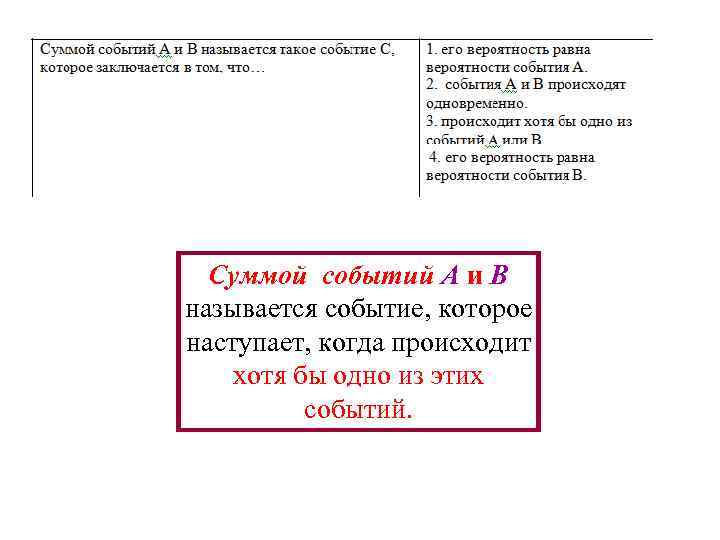 Суммой событий A и B называется событие, которое наступает, когда происходит хотя бы одно