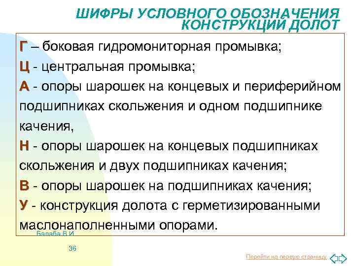 ШИФРЫ УСЛОВНОГО ОБОЗНАЧЕНИЯ КОНСТРУКЦИЙ ДОЛОТ Г – боковая гидромониторная промывка; Ц - центральная промывка;