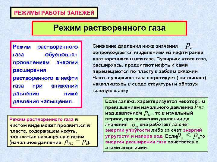 РЕЖИМЫ РАБОТЫ ЗАЛЕЖЕЙ Режим растворенного газа обусловлен проявлением энергии расширения растворенного в нефти газа