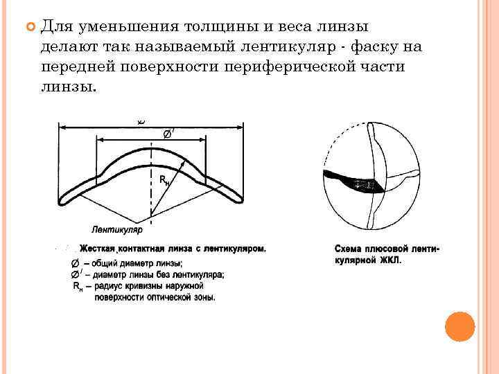  Для уменьшения толщины и веса линзы делают так называемый лентикуляр - фаску на