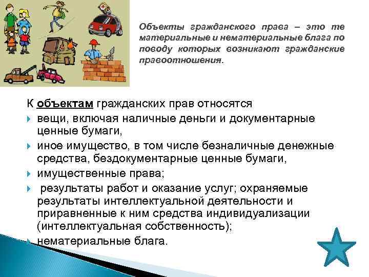 Объекты гражданского права – это те материальные и нематериальные блага по поводу которых возникают