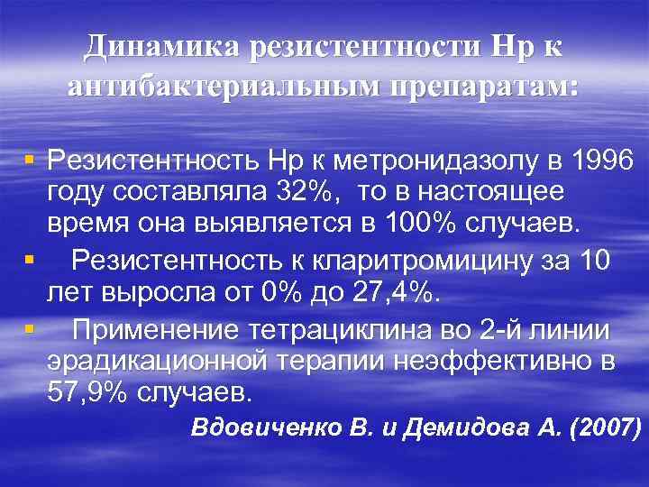 Динамика резистентности Нр к антибактериальным препаратам: § Резистентность Нр к метронидазолу в 1996 году
