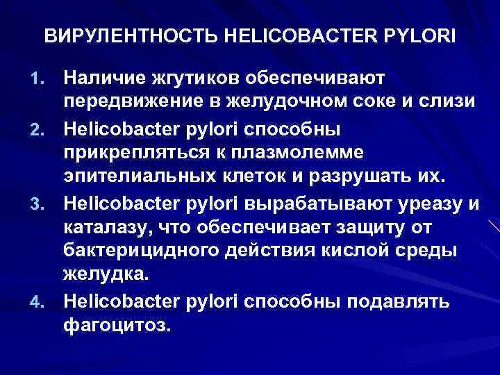 ВИРУЛЕНТНОСТЬ HELICOBACTER PYLORI 1. Наличие жгутиков обеспечивают 2. 3. 4. передвижение в желудочном соке