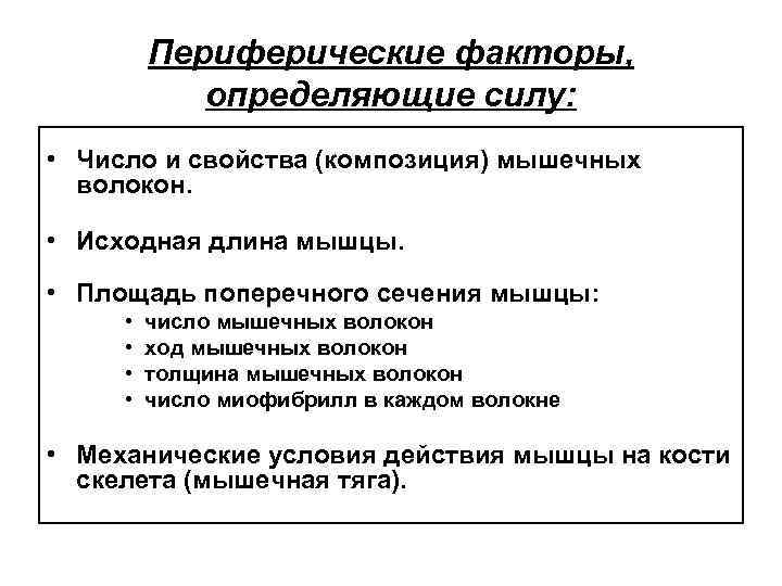 Периферические факторы, определяющие силу: • Число и свойства (композиция) мышечных волокон. • Исходная длина