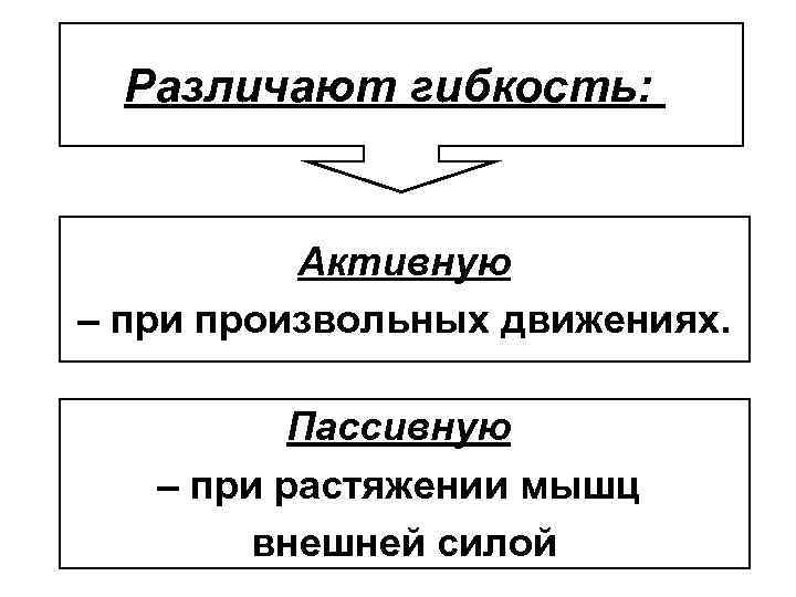 Различают гибкость: Активную – при произвольных движениях. Пассивную – при растяжении мышц внешней силой