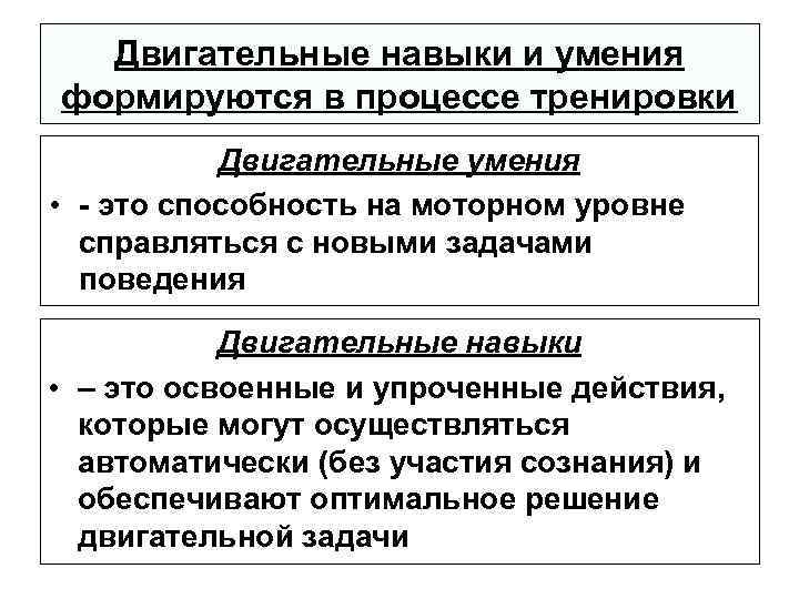 Двигательные навыки и умения формируются в процессе тренировки Двигательные умения • - это способность