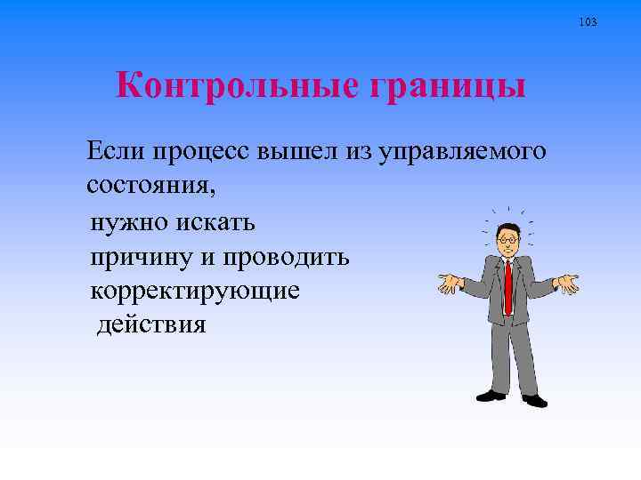 103 Контрольные границы Если процесс вышел из управляемого состояния, нужно искать причину и проводить