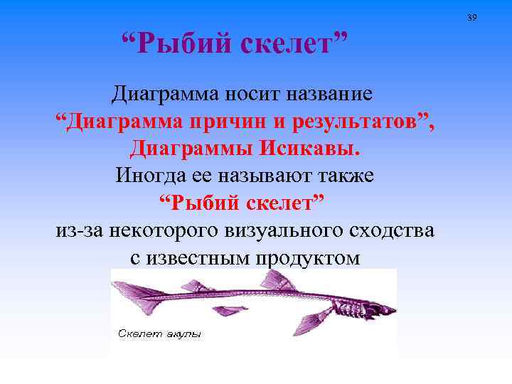 39 “Рыбий скелет” Диаграмма носит название “Диаграмма причин и результатов”, Диаграммы Исикавы. Иногда ее