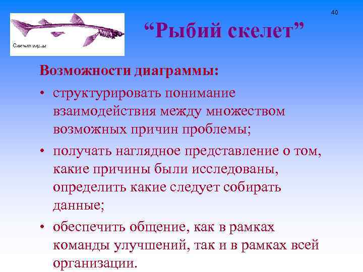 40 “Рыбий скелет” Возможности диаграммы: • структурировать понимание взаимодействия между множеством возможных причин проблемы;