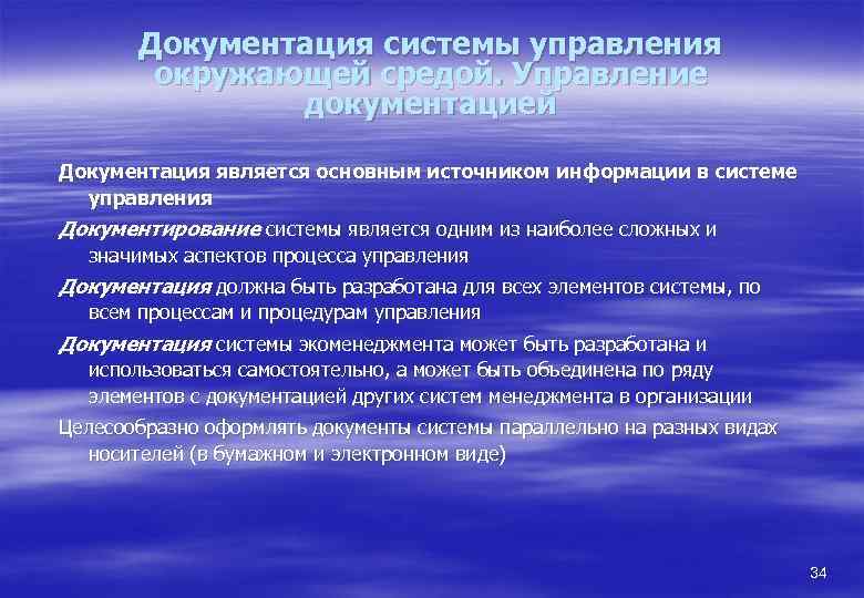 Документация системы управления окружающей средой. Управление документацией Документация является основным источником информации в системе