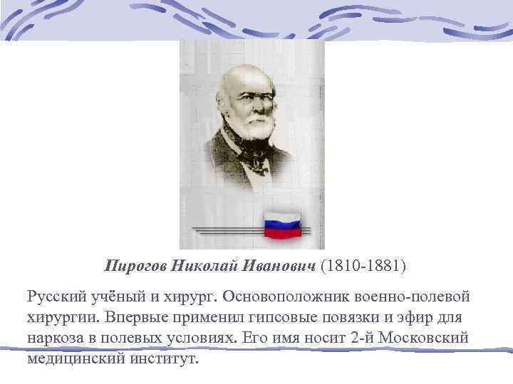 Пирогов Николай Иванович (1810 -1881) Русский учёный и хирург. Основоположник военно-полевой хирургии. Впервые применил