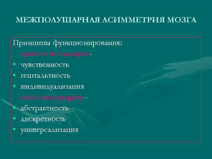 МЕЖПОЛУШАРНАЯ АСИММЕТРИЯ МОЗГА Принципы функционирования: правого полушария • чувственность • гештальтность • индивидуализация левого