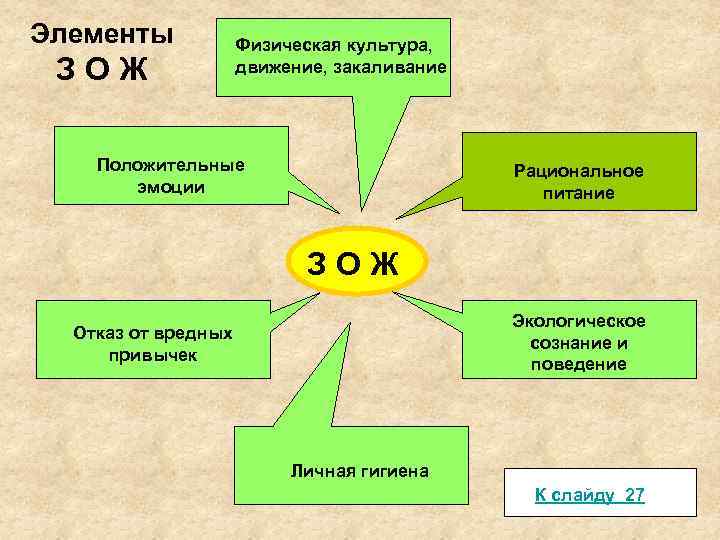 Элементы ЗОЖ Физическая культура, движение, закаливание Положительные эмоции Рациональное питание ЗОЖ Экологическое сознание и