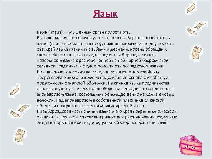 Язык (lingua) — мышечный орган полости рта. В языке различают верхушку, тело и корень.