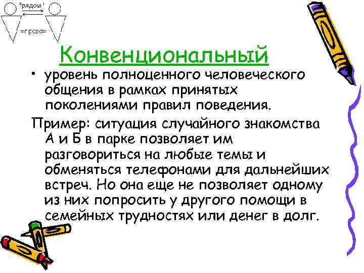 Конвенциональный • уровень полноценного человеческого общения в рамках принятых поколениями правил поведения. Пример: ситуация