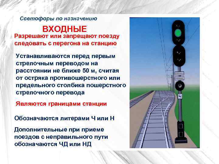  Светофоры по назначению ВХОДНЫЕ Разрешают или запрещают поезду следовать с перегона на станцию