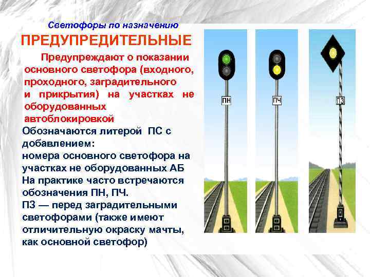  Светофоры по назначению ПРЕДУПРЕДИТЕЛЬНЫЕ Предупреждают о показании основного светофора (входного, проходного, заградительного и