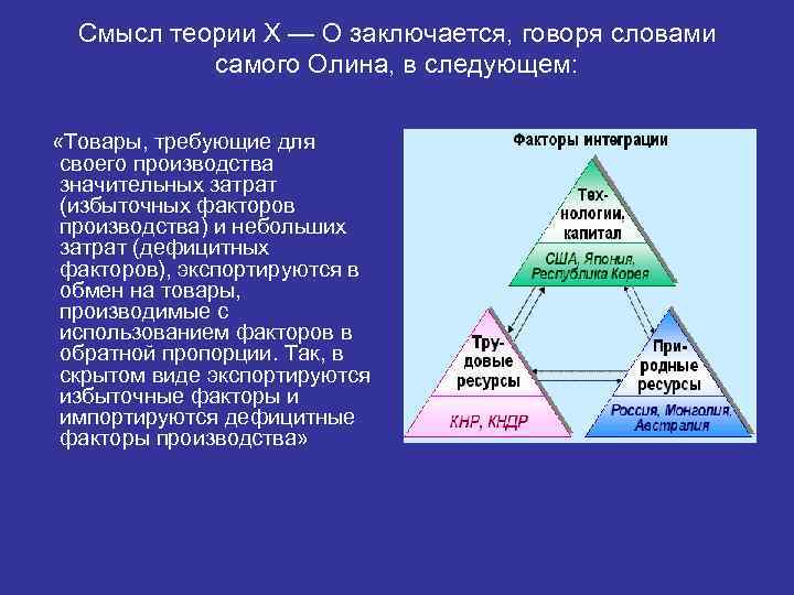 Смысл теории X — О заключается, говоря словами самого Олина, в следующем: «Товары, требующие