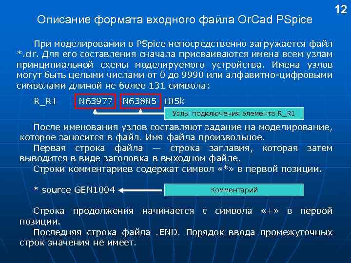 Описание формата входного файла Or. Cad PSpice При моделировании в PSpice непосредственно загружается файл