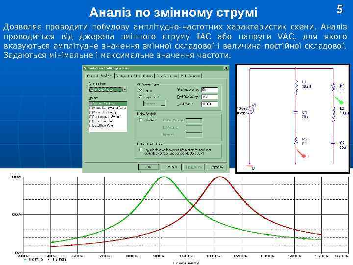 Аналіз по змінному струмі 5 Дозволяє проводити побудову амплітудно-частотних характеристик схеми. Аналіз проводиться від