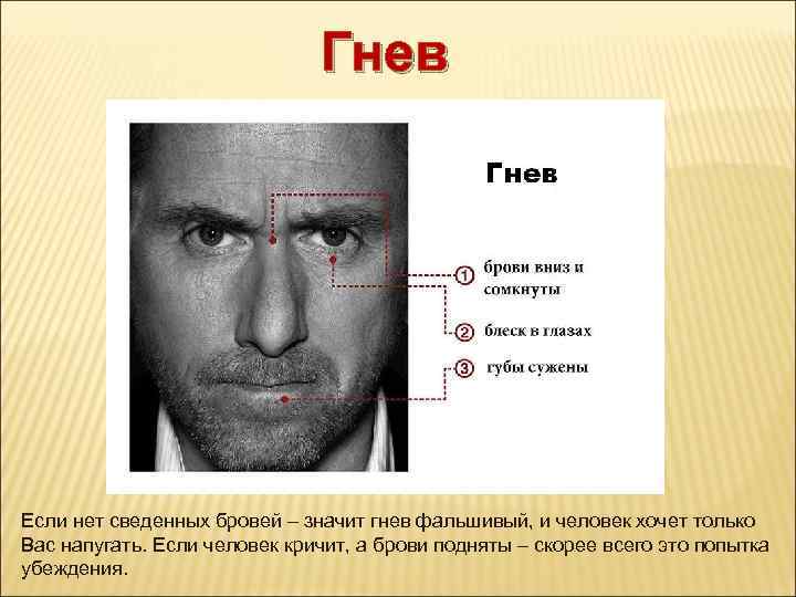 Гнев Если нет сведенных бровей – значит гнев фальшивый, и человек хочет только Вас