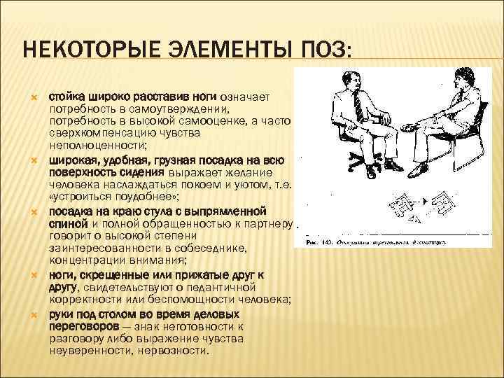 НЕКОТОРЫЕ ЭЛЕМЕНТЫ ПОЗ: стойка широко расставив ноги означает потребность в самоутверждении, потребность в высокой
