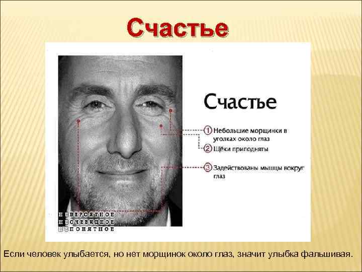 Счастье Если человек улыбается, но нет морщинок около глаз, значит улыбка фальшивая. 