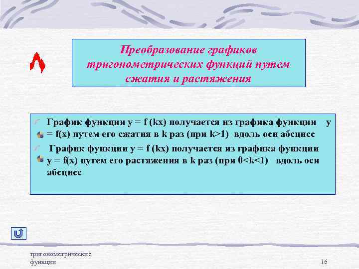 Преобразование графиков тригонометрических функций путем сжатия и растяжения График функции у = f (kx)
