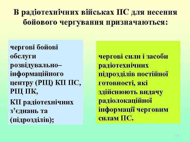 В радіотехнічних військах ПС для несення бойового чергування призначаються: чергові бойові обслуги розвідувально– інформаційного